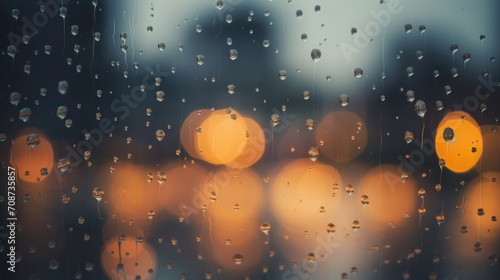 Rainy night with blurred lights and raindrops on the window. Generative AI.