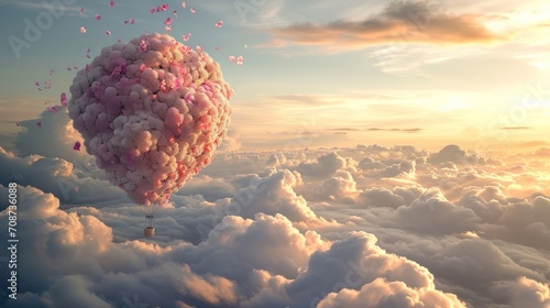  a heart shaped balloon floating in the sky above a cloud filled with pink and white balloons with pink and pink confetti in the shape of a heart, floating in the sky above the clouds. photo