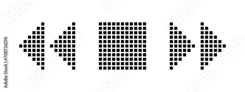 Black pixel arrow of rewind, stop and forward button on a white background. Retro video game movement or stop on the player. Vintage 8 bit symbol