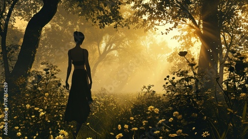  a woman standing in the middle of a forest with sun shining through the trees and flowers on both sides of the woman is wearing a black dress with a low neck.