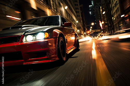 Speeding Sports Car Racing Through City Streets at Night