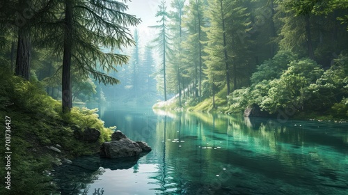  a painting of a river running through a forest filled with lots of green trees and a rock in the middle of the river is a clear blue body of water.