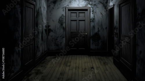 Horror manga, room door ajar and there was a dark shadow outside, creating a haunting atmosphere in the style of horror manga