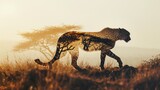  a cheetah walking across a dry grass field in front of a tree and a hill in the distance with a foggy sky in the backgro.
