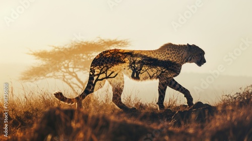  a cheetah walking across a dry grass field in front of a tree and a hill in the distance with a foggy sky in the backgro. photo