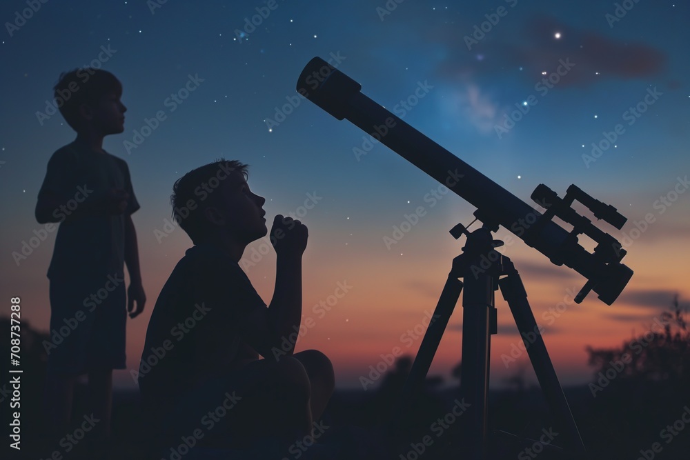 Boy and his father observe the night sky with a telescope, summer activities.