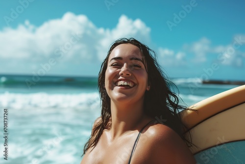 Pretty young brunette enjoys a day of surfing on the beach.