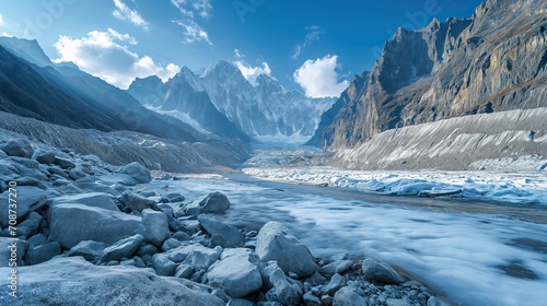 Nepalese glacier in spring  melting snow between high snowy mountains.