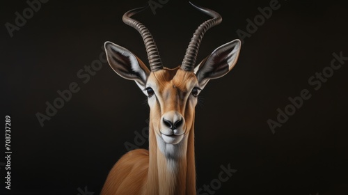  a close up of a gazelle's head with very long horns on a black background with only one eye visible for the picture to be seen in the foreground.