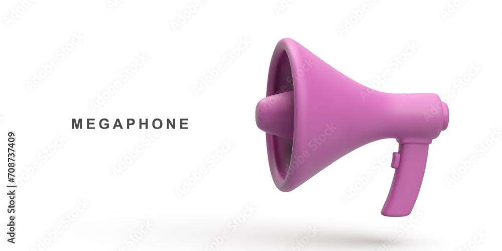 3d Realistic of pink megaphone speaker isolated on white background. Vector illustration.