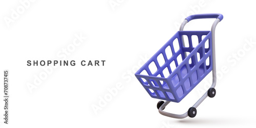 3d realistic blue shopping cart isolated on white background. Vector illustration.