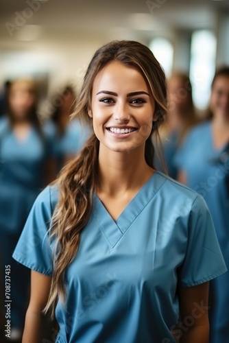 Confident female healthcare professional in blue scrubs