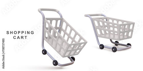 3d realistic two white shopping carts isolated on white background. Vector illustration.