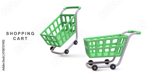 3d realistic two green shopping carts isolated on white background. Vector illustration.