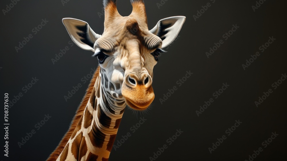 Naklejka premium a close up of a giraffe's head and neck with a black back ground and a black back ground with a giraffe's head.