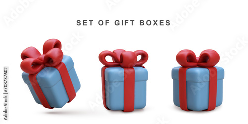 3d Realistic Set of blue gift box isolated on white background. Vector illustration.