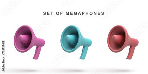 3d Realistic Set of megaphone speaker isolated on white background. Vector illustration.