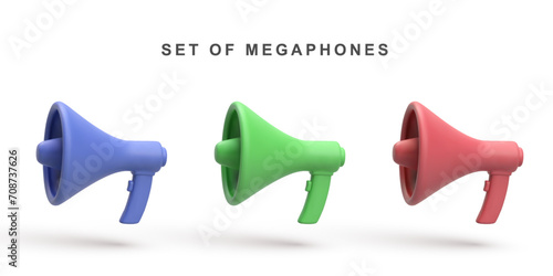 3d Set of megaphone speaker isolated on white background. Vector illustration.