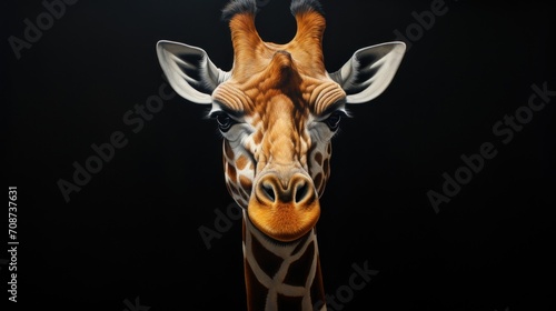  a close up of a giraffe's face on a black background with the head turned to the right and the neck of the giraffe's head.