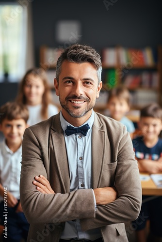 Happy teacher standing in classroom with students in background