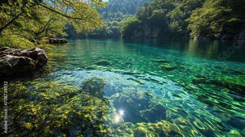  a body of water filled with lots of green plants next to a lush green forest filled with lots of green trees and a sun shining on the top of the water.