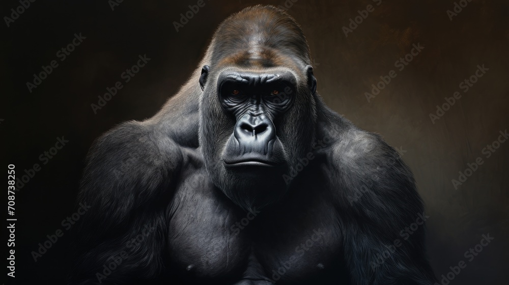 a close up of a gorilla's face with an intense look on it's face and in the background, a dark background is a wall with a black background. a close up of a gorilla's face with an intense look on it's face and in the background, a dark background is a wall with a black background.