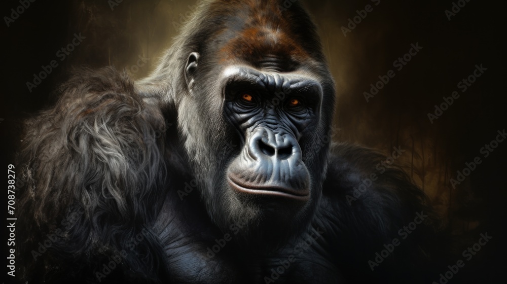 Obraz premium a close up of a gorilla's face with an intense look on it's face and in the background is a dark background with only a few leaves.