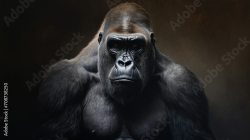  a close up of a gorilla's face with an intense look on it's face and in the background, a dark background is a wall with a black background. © Anna