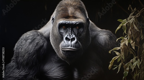  a close up of a gorilla with a bush in the foreground and a dark background with leaves on the right side of the gorilla is looking at the camera.