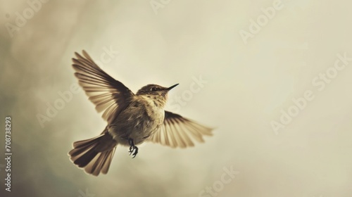  a small bird flying in the air with it's wings wide open and it's head turned to the side, with its wings spread wide open to the side.