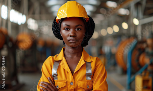 Portrait Black smart African women worker in factory industry workplace as engineer