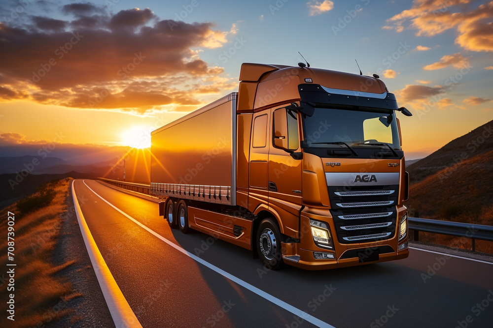 European truck vehicle on motorway with dramatic sunset light. Cargo transportation and supply theme.