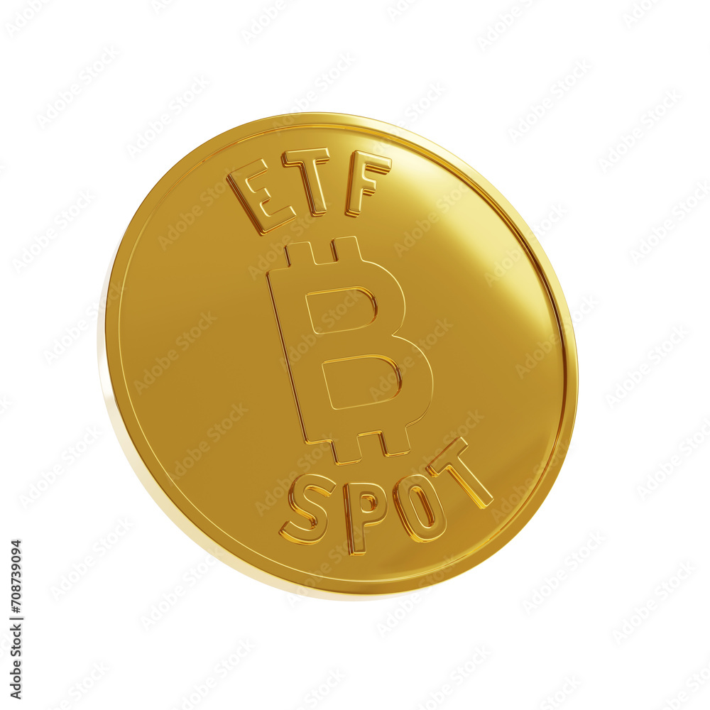 Golden Bitcoin ETF Spot isolated on white background. 3d illustration. Golden Bitcoin ETF Spot isolated on white background. 3d illustration.