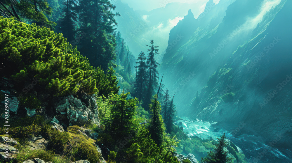 Fototapeta premium a painting of a mountain landscape with a river running through it and trees in the foreground and a river running through the middle of the mountains in the background.