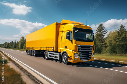 Truck with container on highway  cargo transportation concept. Shaving effect.