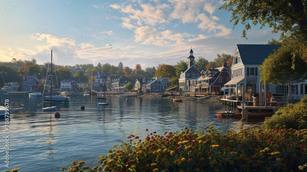  a body of water with a bunch of houses on the other side of the water and boats in the water and trees and flowers in front of the houses on the other side of the water.