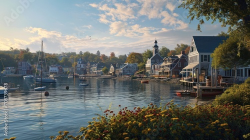  a body of water with a bunch of houses on the other side of the water and boats in the water and trees and flowers in front of the houses on the other side of the water.