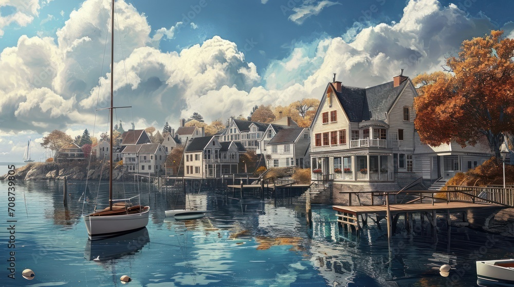 Fototapeta premium a painting of a boat in the water next to a row of houses and a dock with a sailboat in the foreground and a cloudy sky with clouds in the background.