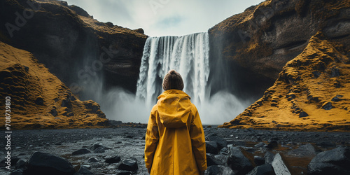 View from the back of a girl in a yellow raincoat standing in front of a waterfall on Iceland