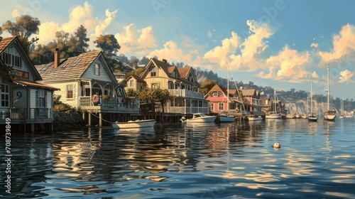  a painting of houses on the water with boats in the water and clouds in the sky over the houses and boats on the water in front of the houses on the water.