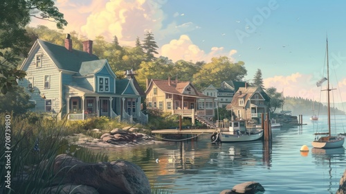  a painting of a harbor with boats, houses, and a dock in the foreground, and a cloudy sky in the background, with a few clouds in the foreground.