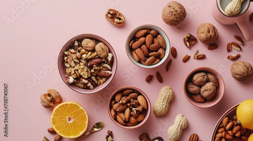  a pink table topped with bowls filled with nuts and oranges next to a bowl of walnuts and a bowl of walnuts and an orange slice of lemon.