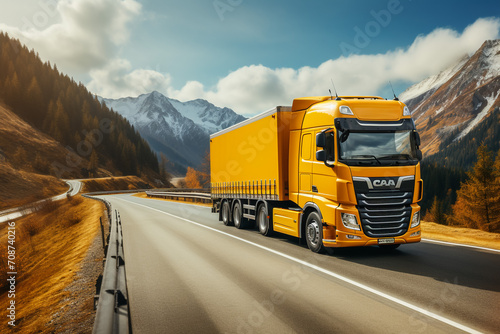 Truck driving on the asphalt road in rural landscape at sunset with dark clouds