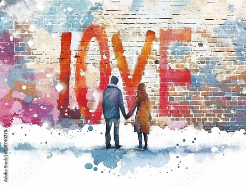 watercolor scene resembling a retro poster with 'Love' in stylish, valentine's day, generative AI © Matan
