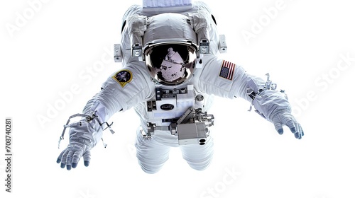 An astronaut in a white space suit with American flag patch floats against a white background.