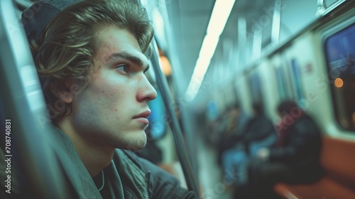 A contemplative young man is looking through the window while riding in a subway car, with other passengers in the background.