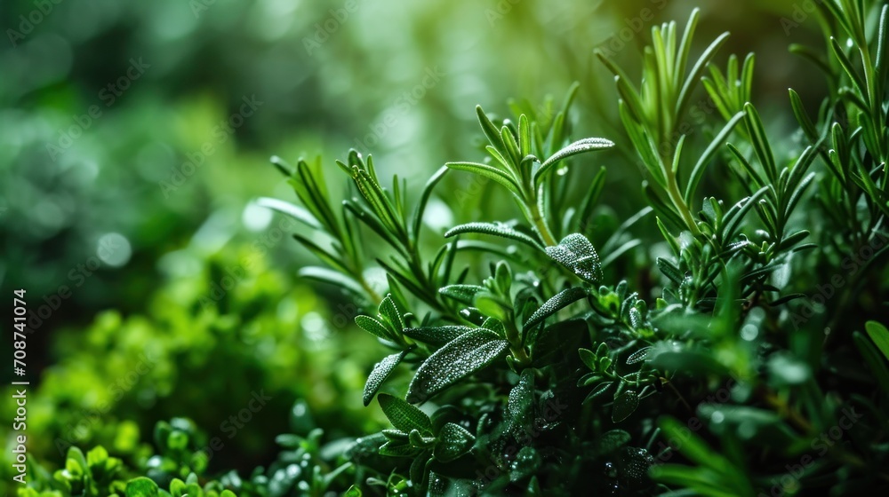a close up of a green plant with water droplets on it's leaves and a blurry background of trees and bushes in the background, with a soft focus on the foreground. a close up of a green plant with water droplets on it's leaves and a blurry background of trees and bushes in the background, with a soft focus on the foreground.