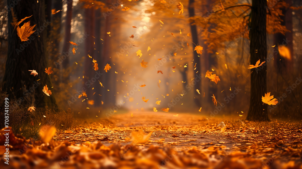 Autumn Forest Scene With Golden Leaves Falling, Serene Pathway Background
