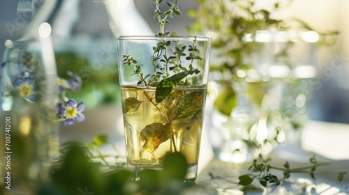 a close up of a glass of water with a plant in it and another glass of water with a plant in it and another glass of water and flowers in the background.
