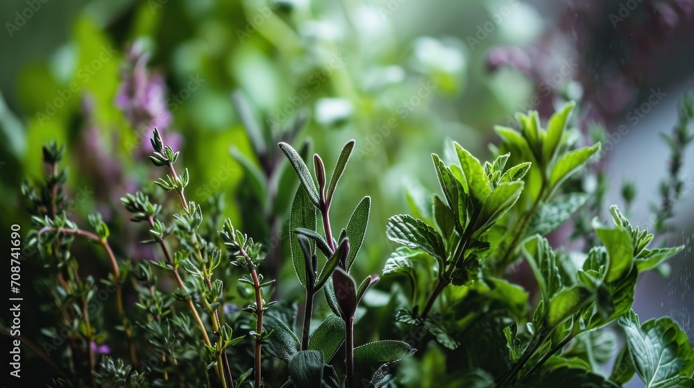 a close up of a plant with green leaves and purple flowers in the foreground and a blurry background of green leaves and purple flowers in the foreground. a close up of a plant with green leaves and purple flowers in the foreground and a blurry background of green leaves and purple flowers in the foreground.